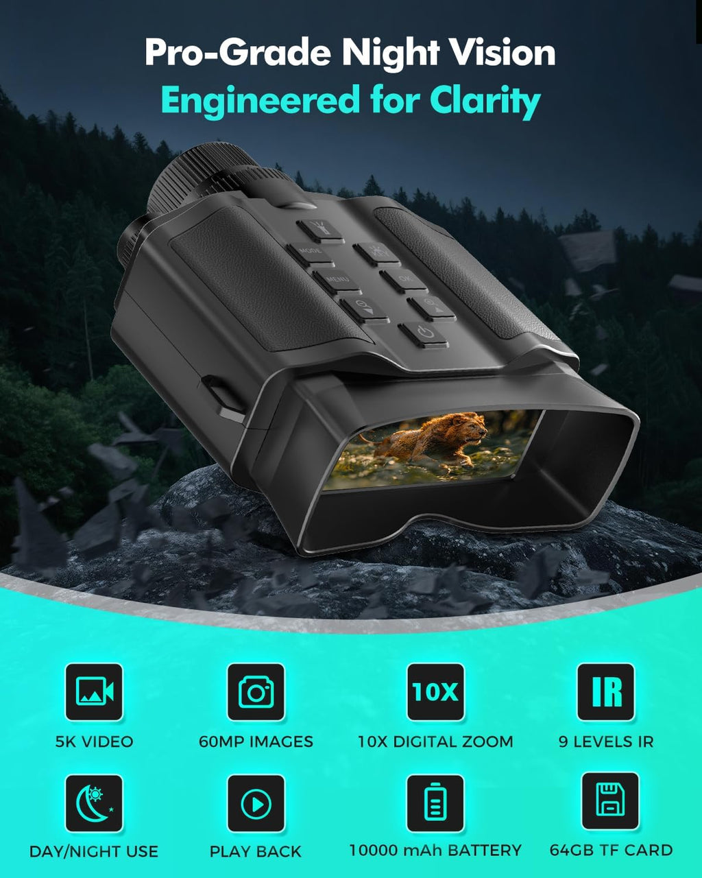 Night Vision Goggles for Adults, 3.99" HD Screen, 10000mAh Rechargeable Night Vision Binoculars with 64GB Card for Hunting Camping Surveillance