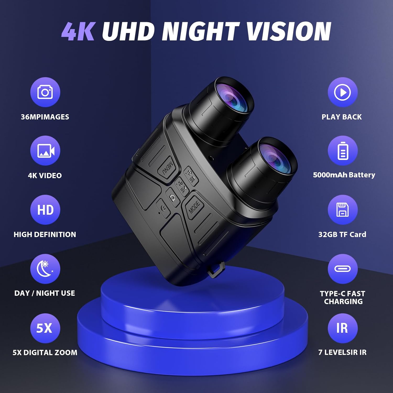 Night Vision Goggles for Adults, 3" HD Screen, 5000mAh Rechargeable Night Vision Binoculars with 32GB Card & 4K Video Recording for Wildlife, Hunting, Security