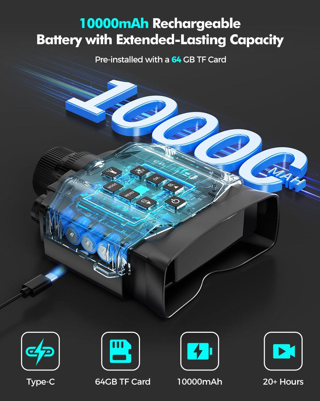 Night Vision Goggles for Adults, 3.99" HD Screen, 10000mAh Rechargeable Night Vision Binoculars with 64GB Card for Hunting Camping Surveillance