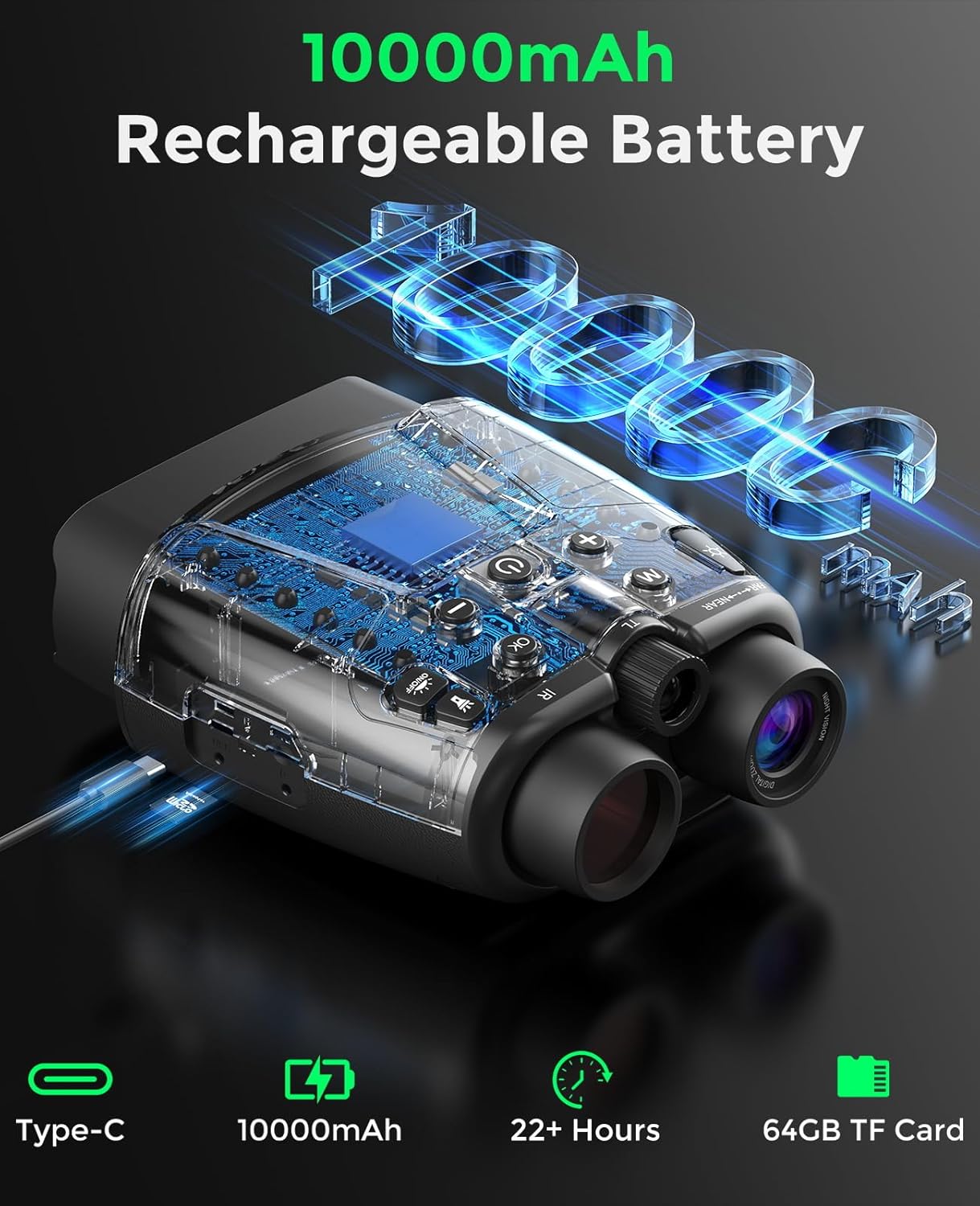 Night Vision Goggles, 4K Night Vision Binoculars with 3.99" HD Screen, 10000mAh Rechargeable, 64GB Card Included for Wildlife Observation & Surveillance