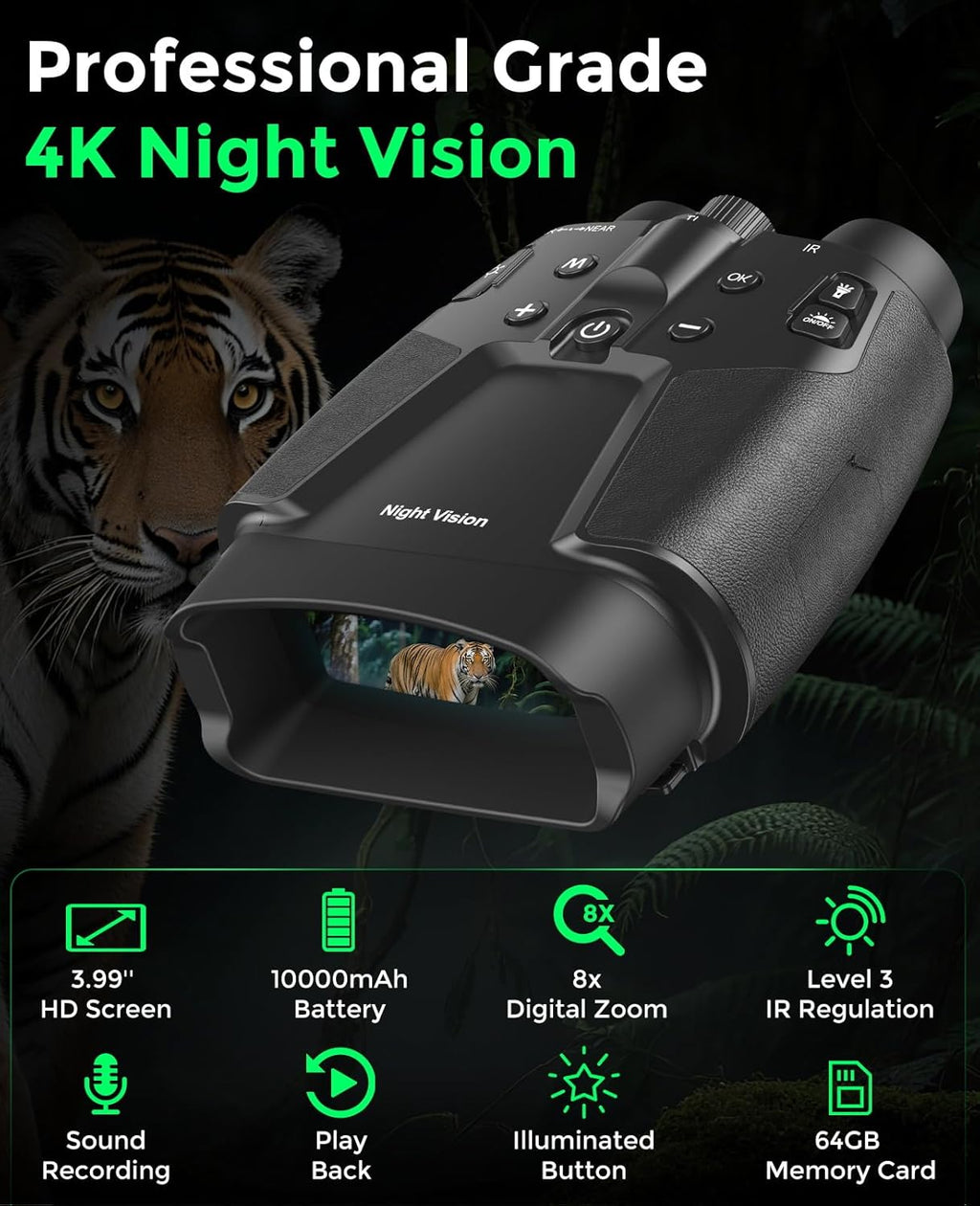 Night Vision Goggles, 4K Night Vision Binoculars with 3.99" HD Screen, 10000mAh Rechargeable, 64GB Card Included for Wildlife Observation & Surveillance