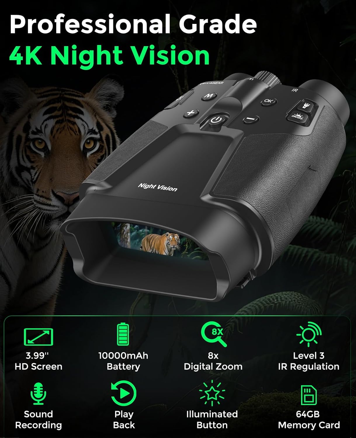 Night Vision Goggles, 4K Night Vision Binoculars with 3.99" HD Screen, 10000mAh Rechargeable, 64GB Card Included for Wildlife Observation & Surveillance
